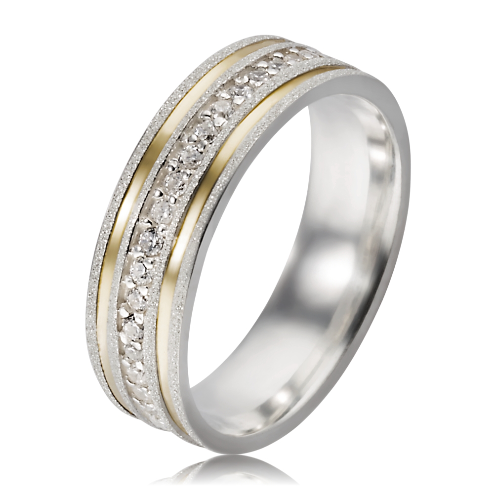 Aliança Compromisso Prata 950 Diamantada 6mm Com Zircônias e Filetes em Ouro