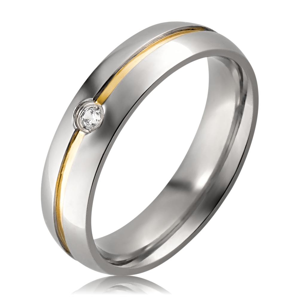 Aliança de Aço Abaulada Anatônica Com Filete Em Ouro e Zircônia